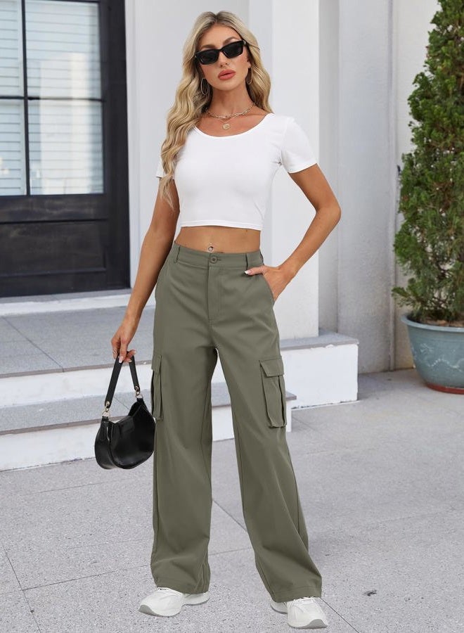 Gracyoga Cargo Pants for Women High Waisted Wide Leg Casual Pants Y2k Streetwear Trousers with 6 Pockets, Green, L - Image 3