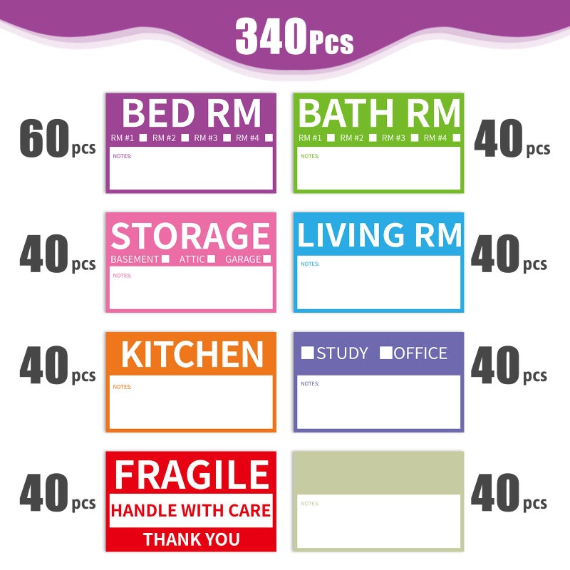 TRYXN 340 Home Moving Labels, 3.4 x 2 inches, 8-Color Coded Packing Box Stickers with Fragile and Blank Customizable Labels - Image 3