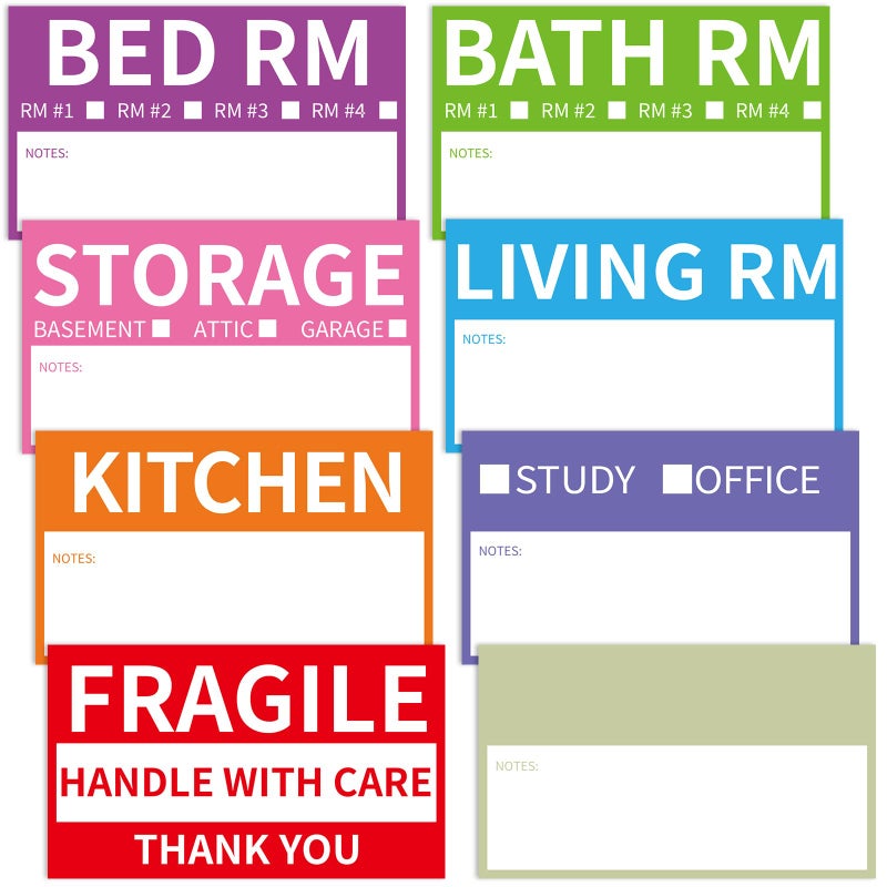 TRYXN 340 Home Moving Labels, 3.4 x 2 inches, 8-Color Coded Packing Box Stickers with Fragile and Blank Customizable Labels - Image 1