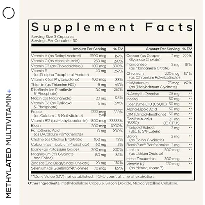 Codeage Methylated Multivitamin Supplement - B-Vitamin, Vitamins A, C, D, E, K2, B12 Methylcobalamin - L-Methylfolate - Magnesium, CoQ10, DIM, Probiotics, Benfotiamine, Lithium, Calcium - 90 Capsules - Image 2