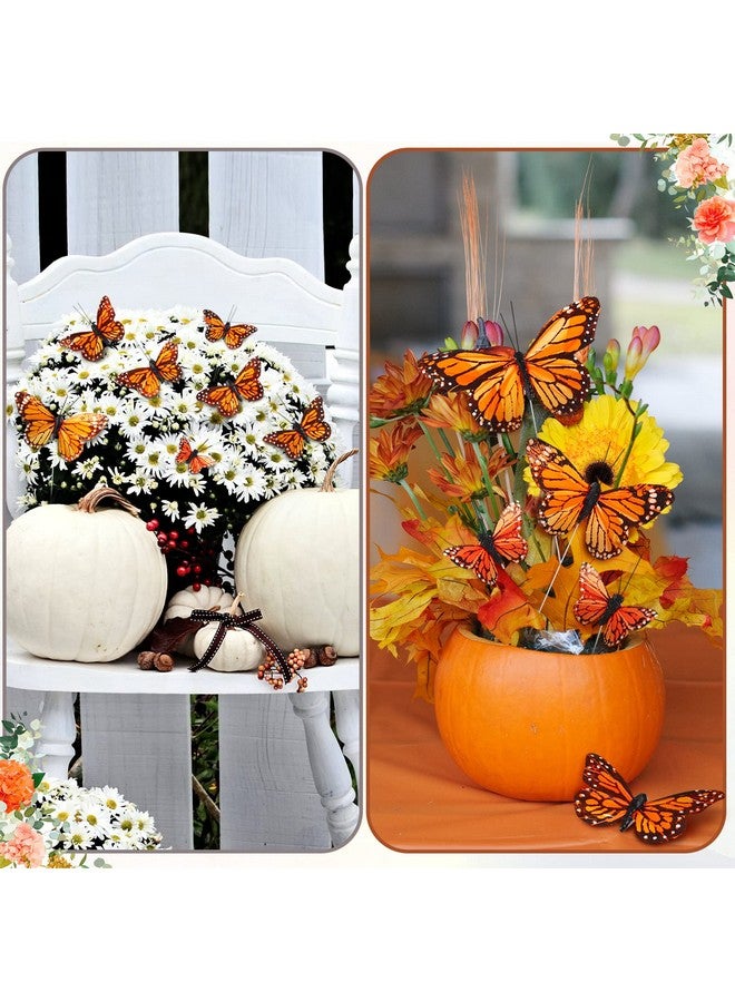 جيجكسين 24 قطعة من زخارف فراشة العاهل 4 مقاسات من ريش الفراشة الصناعية على شكل فراشات للحرف اليدوية، فراشات وهمية مع سلك فراشة لتزيين الحائط (برتقالي) - Image 5