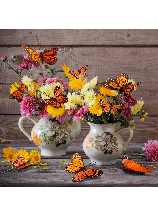 جيجكسين 24 قطعة من زخارف فراشة العاهل 4 مقاسات من ريش الفراشة الصناعية على شكل فراشات للحرف اليدوية، فراشات وهمية مع سلك فراشة لتزيين الحائط (برتقالي) - Image 4