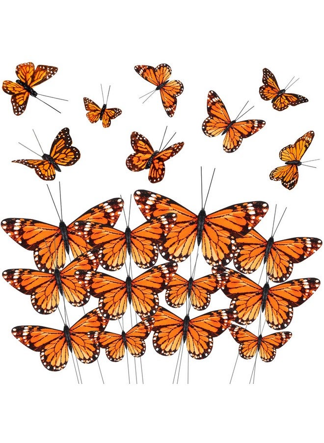 جيجكسين 24 قطعة من زخارف فراشة العاهل 4 مقاسات من ريش الفراشة الصناعية على شكل فراشات للحرف اليدوية، فراشات وهمية مع سلك فراشة لتزيين الحائط (برتقالي) - Image 1