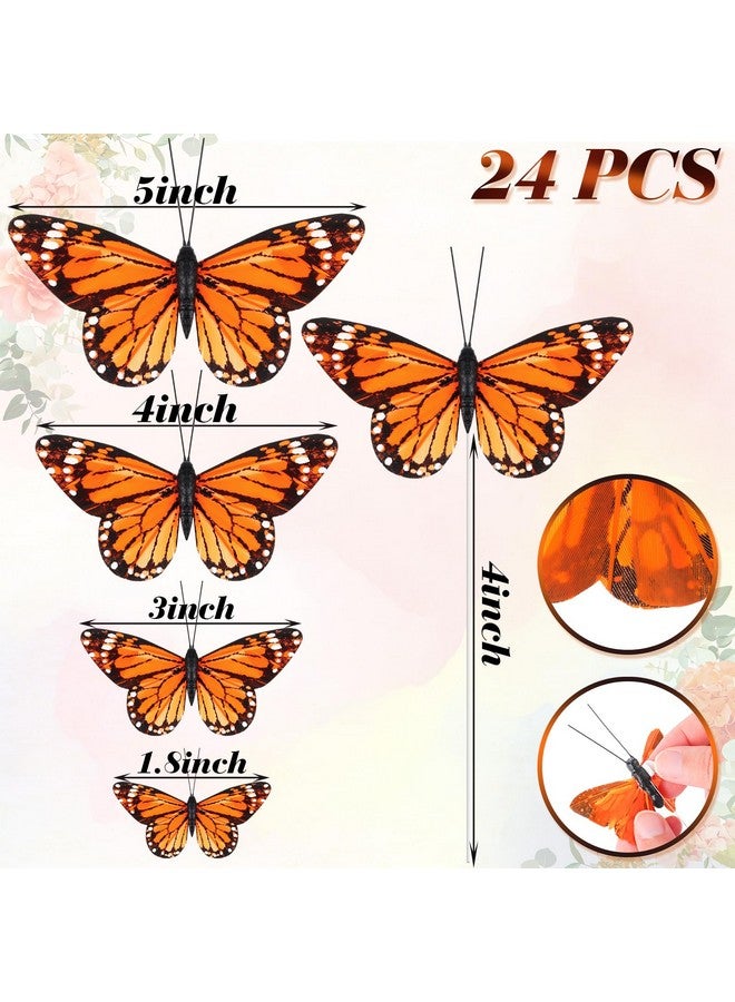 جيجكسين 24 قطعة من زخارف فراشة العاهل 4 مقاسات من ريش الفراشة الصناعية على شكل فراشات للحرف اليدوية، فراشات وهمية مع سلك فراشة لتزيين الحائط (برتقالي) - Image 2