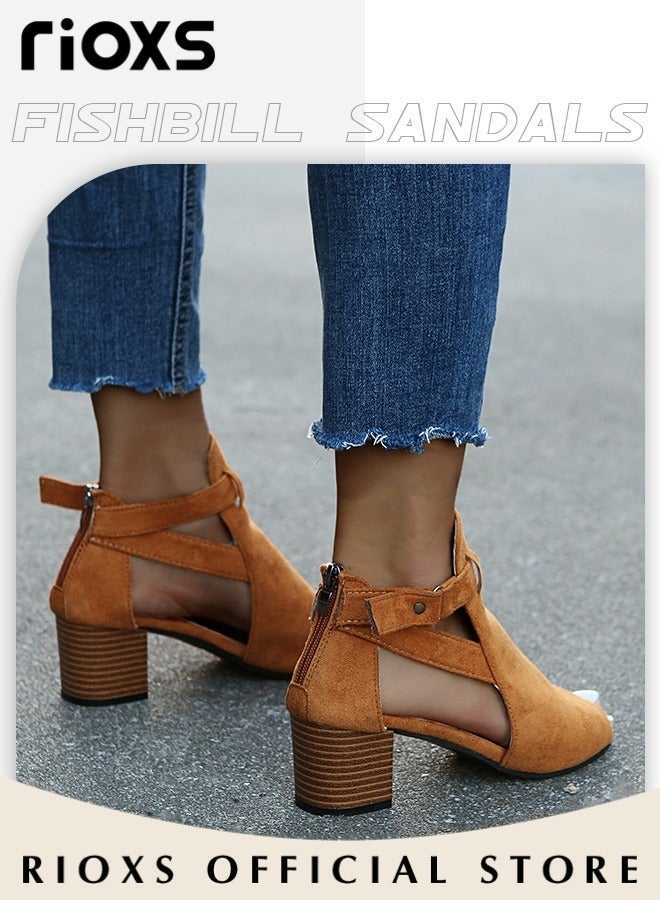 ريوكس صنادل نسائية بكعب مفتوح من الأمام، صنادل من الجلد المدبوغ بكعب سميك ومشبك مع حزام كاحل قابل للتعديل، حذاء بكعب مفتوح من الأمام، حذاء بكعب سميك ومفتوح من الأمام للأحذية الرسمية  للحفلات المسائية وحفلات التخرج وحفلات الزفاف والأعمال، بني - Image 3