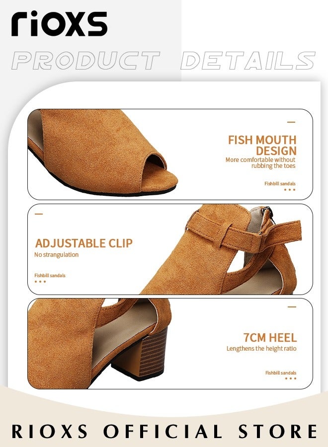 ريوكس صنادل نسائية بكعب مفتوح من الأمام، صنادل من الجلد المدبوغ بكعب سميك ومشبك مع حزام كاحل قابل للتعديل، حذاء بكعب مفتوح من الأمام، حذاء بكعب سميك ومفتوح من الأمام للأحذية الرسمية  للحفلات المسائية وحفلات التخرج وحفلات الزفاف والأعمال، بني - Image 4