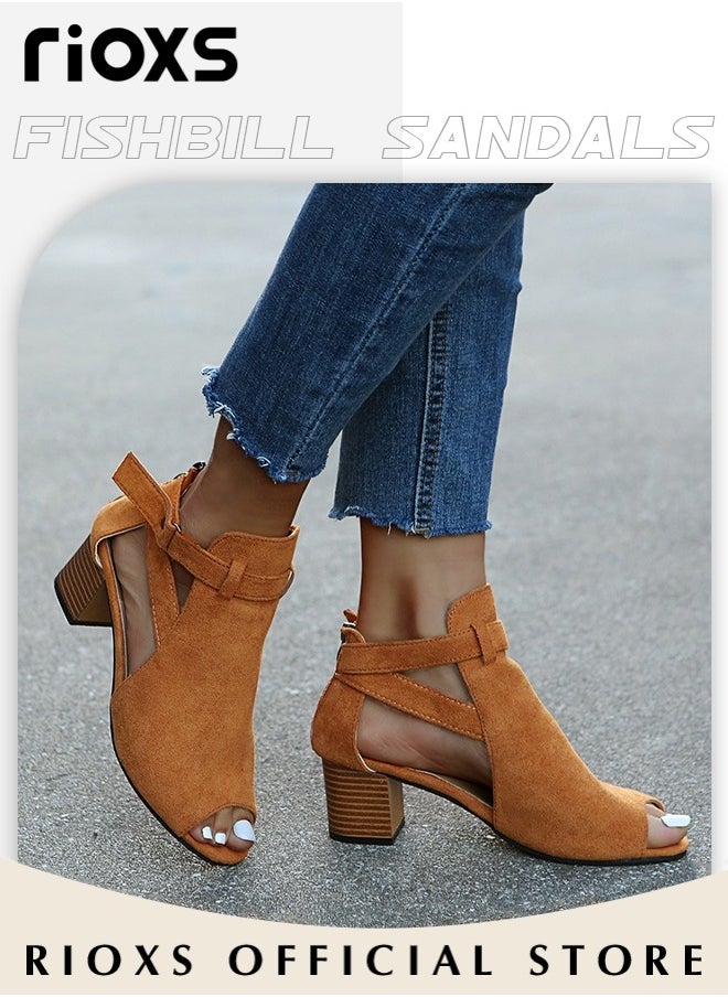 RIOXS Women's Suede Chunky Heel Buckle Sandals Round Toe Peep Toe Fashion Sandals  - Image 2