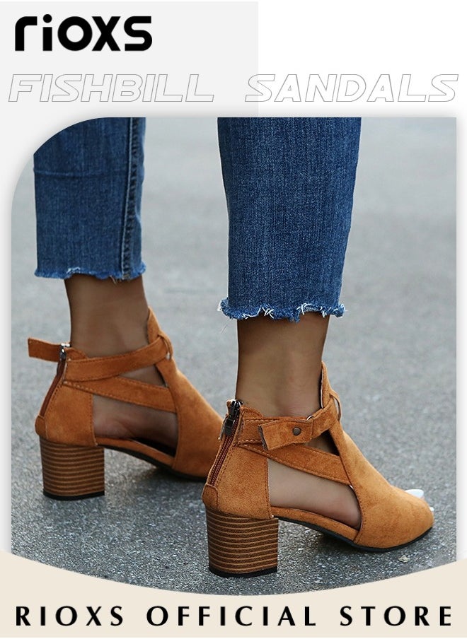 RIOXS Women's Suede Chunky Heel Buckle Sandals Round Toe Peep Toe Fashion Sandals  - Image 5