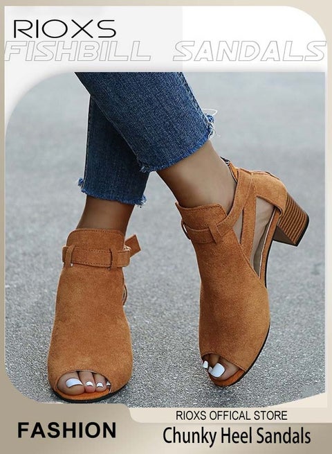 Women's Peep Toe Heeled Snadals, Suede Chunky Heel Buckle Sandals with Adjustable Ankle Strap, Round Peep Toe Pumps, Chunky Heel Peep Toe Booties Dress Shoes for  Evening Party Prom Wedding Business, Brown