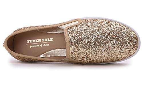 FEVERSOLE Women's Fashion Slip On Sneaker Casual Platform Loafers Glitter Gold Size 8.5 M US - Image 3