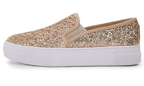 FEVERSOLE Women's Fashion Slip On Sneaker Casual Platform Loafers Glitter Gold Size 8.5 M US - Image 1