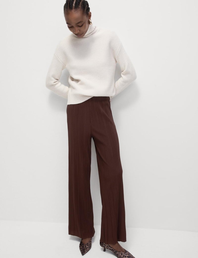 Marks & Spencer Jersey Plisse Wide Leg Trousers Dark Chocolate - Image 5