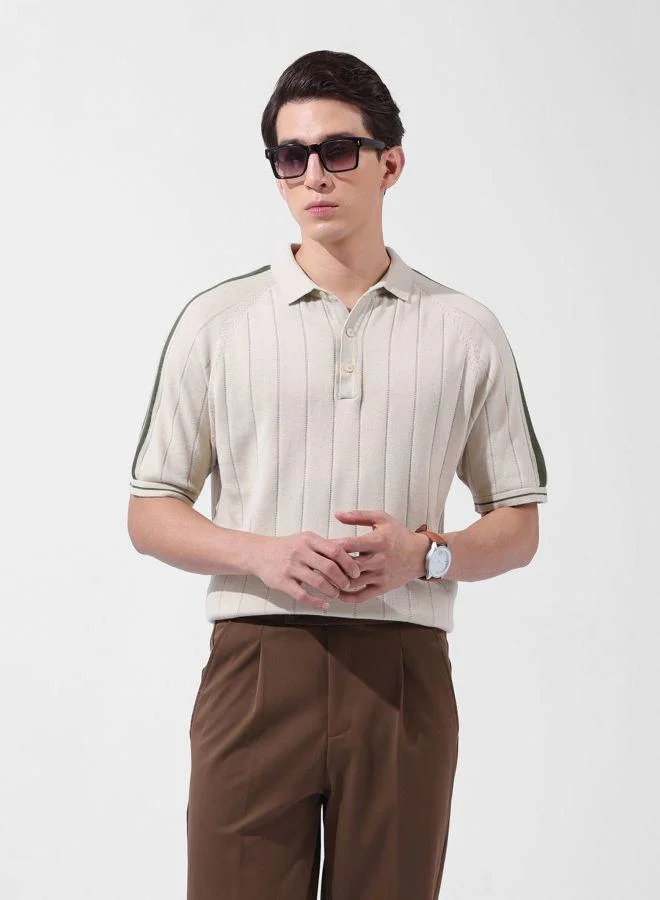 The Indian Garage Co Men Slim Fit Textured Polo Neck Half Sleeves T-Shirt