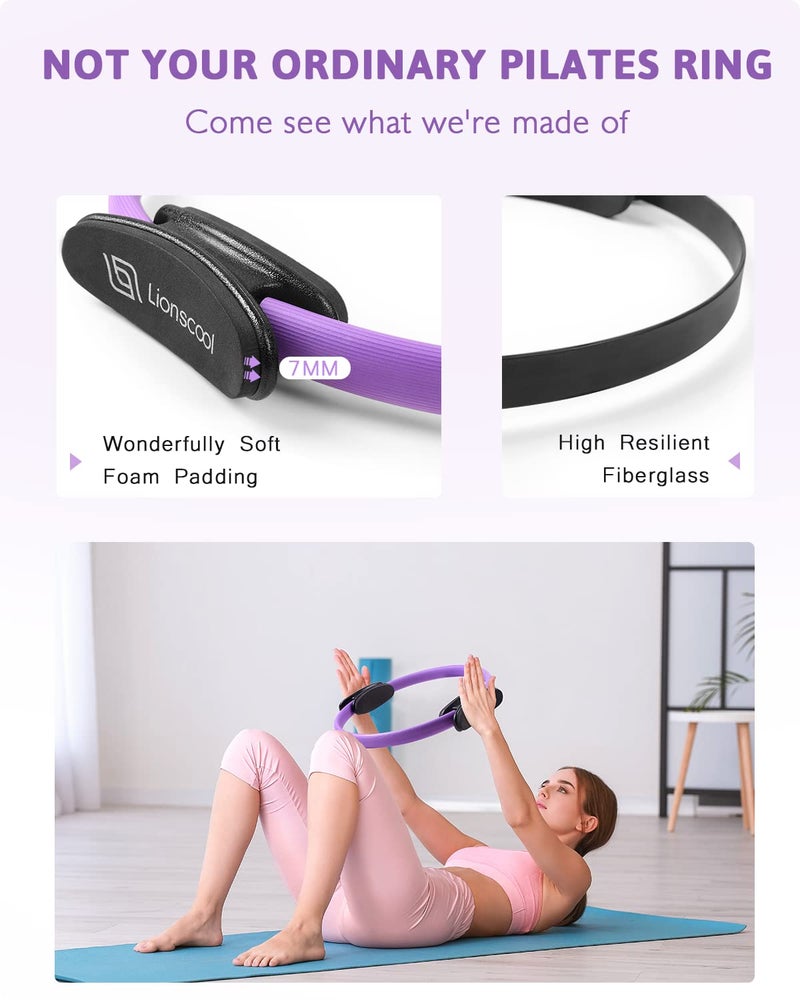 LIONSCOOL Pilates Ring Set (Purple) - 14" Pilates Ring, 9" Pilates Mini Ball and Three Fabric Resistance Bands Included - Image 3