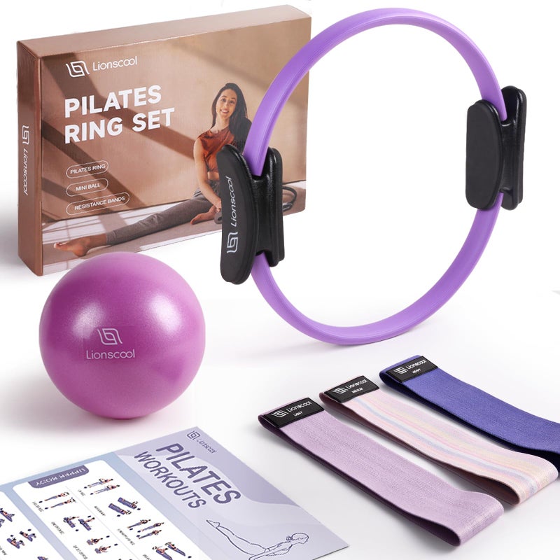 LIONSCOOL Pilates Ring Set (Purple) - 14" Pilates Ring, 9" Pilates Mini Ball and Three Fabric Resistance Bands Included - Image 1