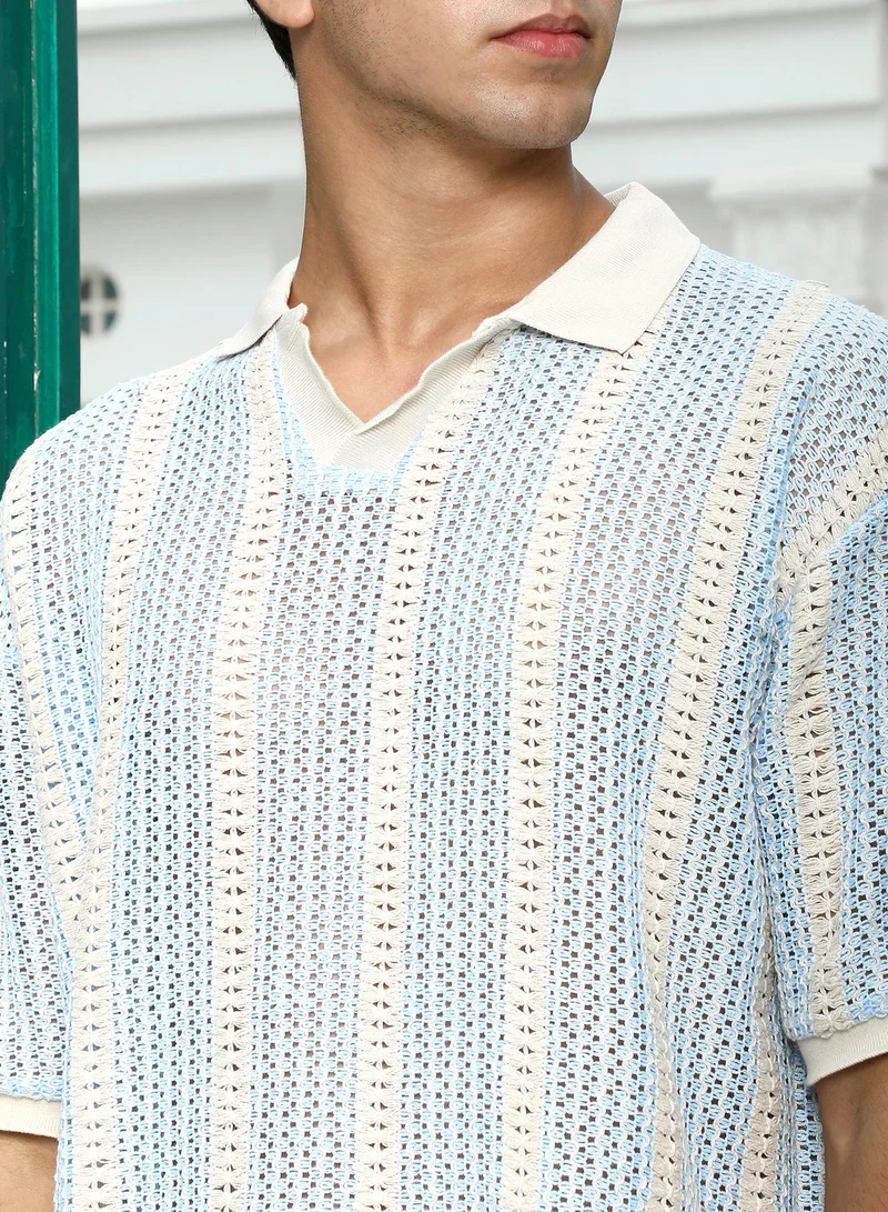 CAHOOT  Men's Baby Blue Striped Crochet Polo T-Shirt for Men | Best Price UAE