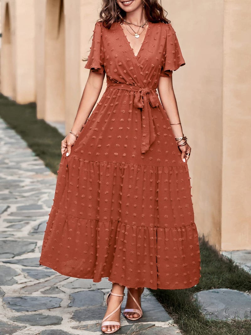 MASCOMODA Womens Boho Swiss Dot Maxi Dresses Wrap V Neck Flutter Short Sleeve Solid Tie Belt A Line Tiered Flowy Long Dress(Orange,Medium) - Image 3