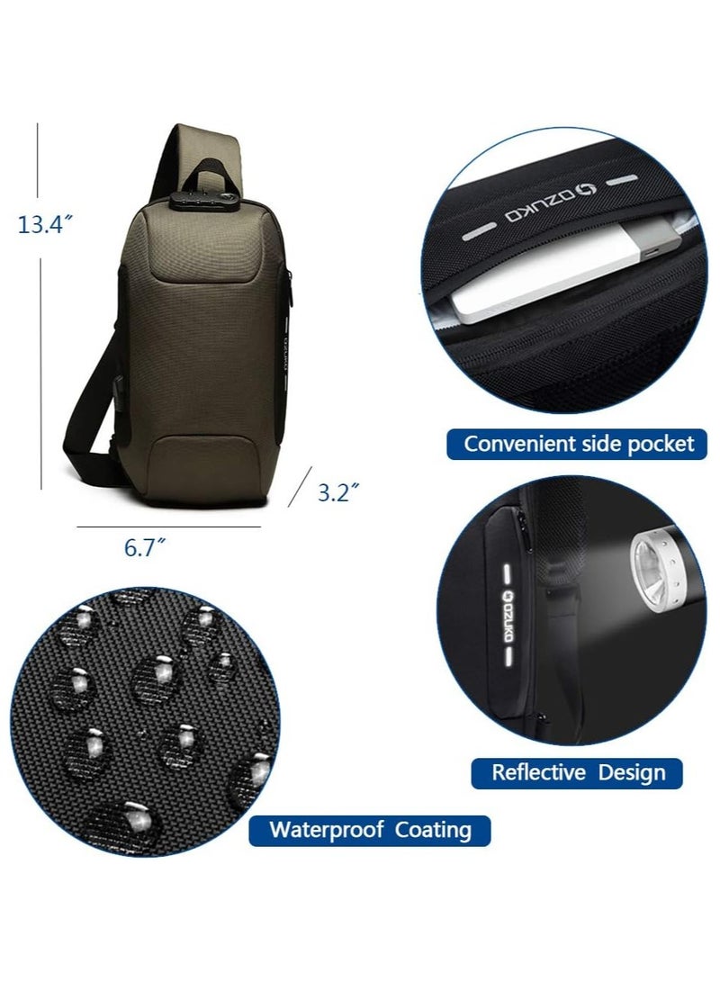 أوزوكو شنطة كتف مضادة للسرقة كروس مقاومة للماء مع منفذ شحن USB , خفيفة الوزن لون اخضر جيشي - Image 3