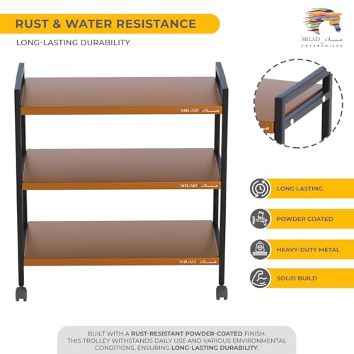 Milad SAIFIX 3-Tier Rolling Trolley with Wheels | Heavy Duty Multifunctional Metal Frame Cart | Ideal for Home, Kitchen, Bathroom and Office Storage | Storage Organizer (Black & Golden) - Image 3
