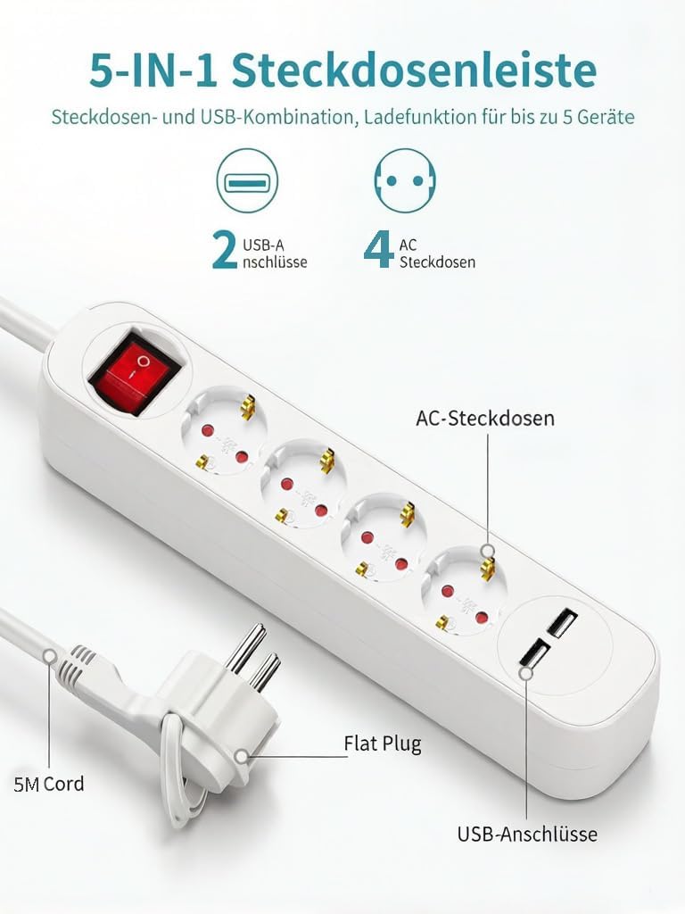 realmade 6-in-1 Power Strip with 4 AC Sockets & 2 USB-A, 5 m Cable, Flat Plug, Overload Protection, Wall Mounting, Multiple Plug for Home, Office & Travel Compatible - Image 4