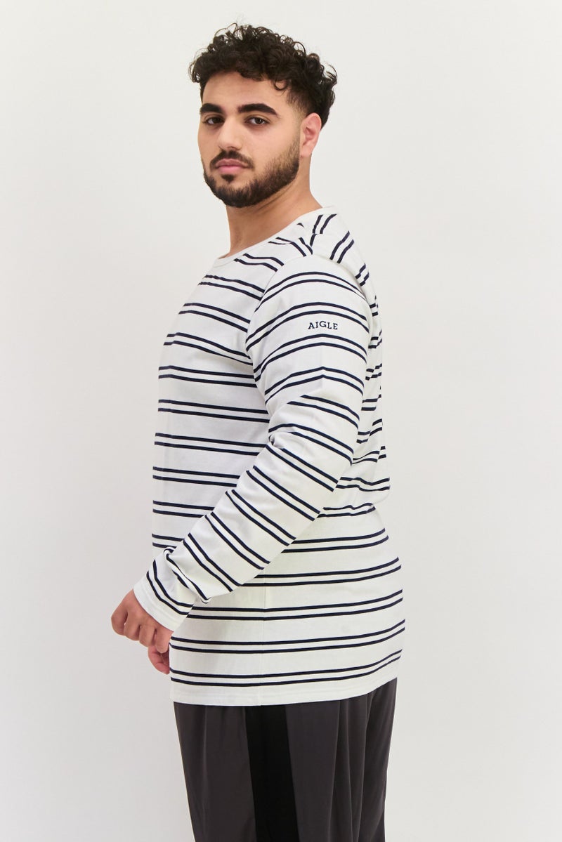 Aigle Men Round Neck Stripe Long Sleeves Sweatshirt, White - Image 2