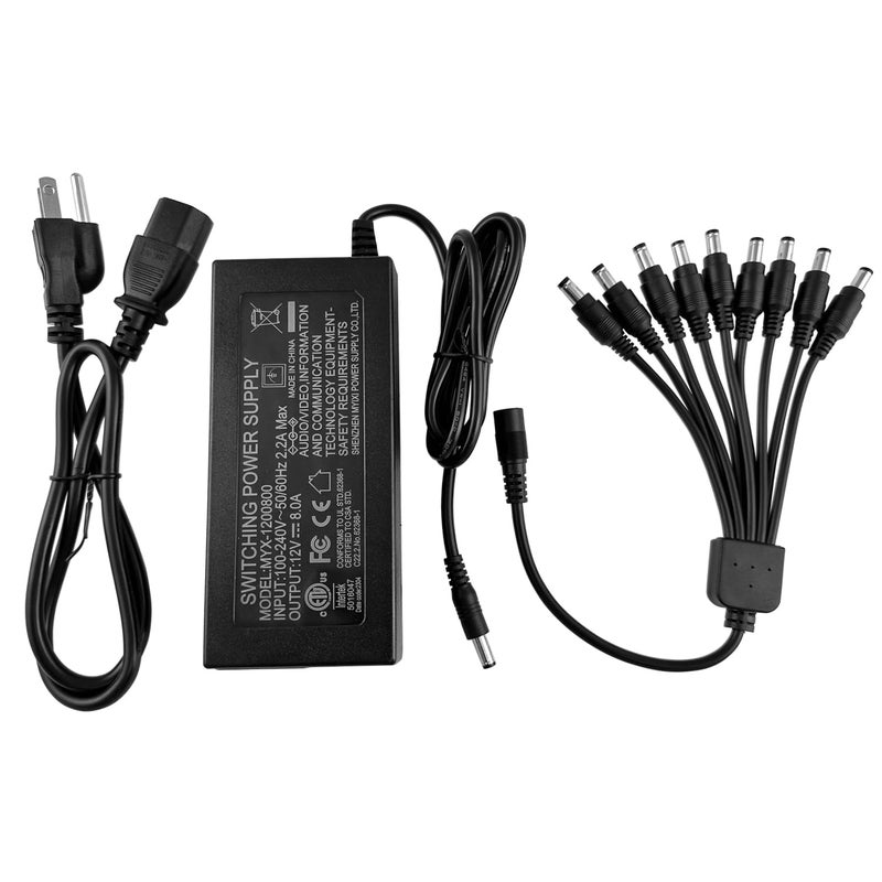 TIGERSECU 12V 8A Power Adapter for Security Cameras and DVRs, with 9-Way Splitter, 100V-240V, 2.1x5.5mm Power Supply, Compatible with Lorex, Night Owl, Swann, ZOSI, Reolink, Annke IP and BNC Cameras - Image 1