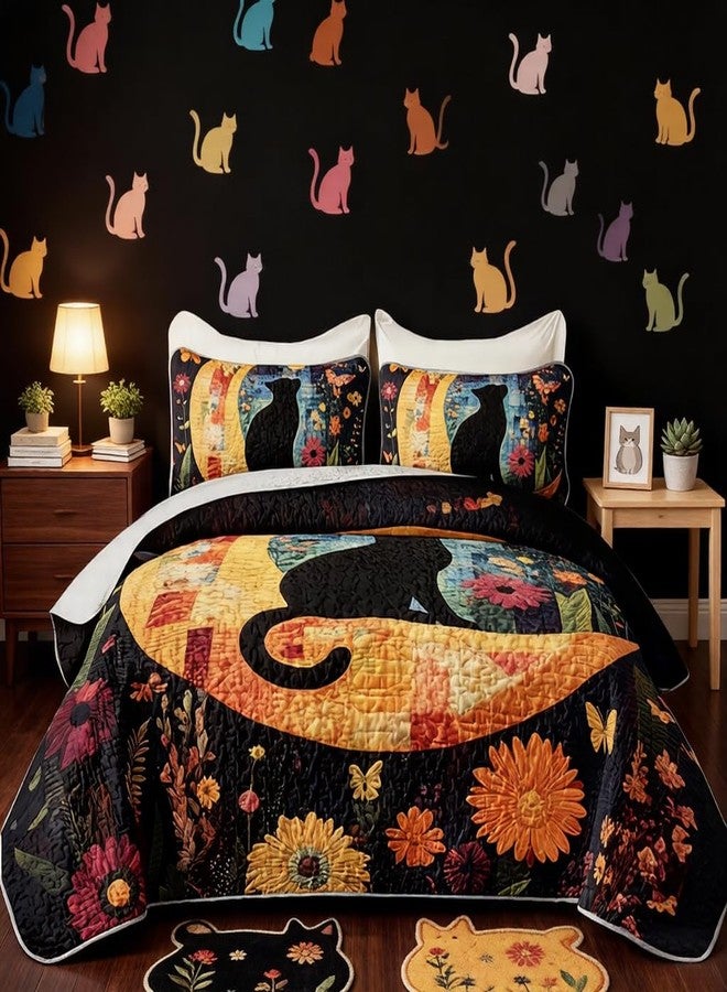 HOSIMA Cute Cat Quilt Set King Size,Cat Sitting on Moon Surrounded by Colorful Butterflies Flowers,Aesthetic Pattern Lightweight Summer Quilt for Kids Girls Room Decor with 2 Pillowcases. - Image 1