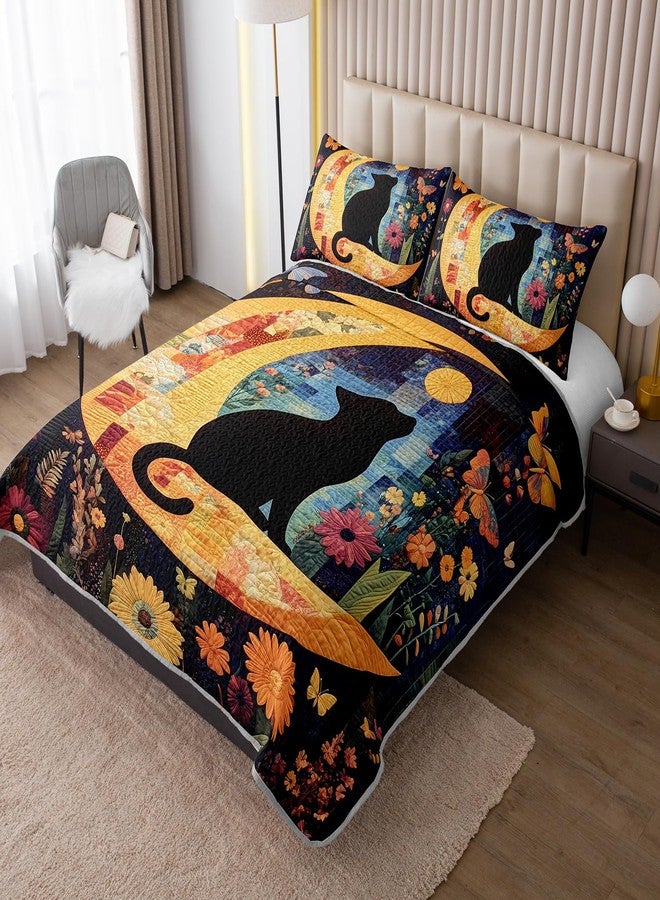 HOSIMA Cute Cat Quilt Set King Size,Cat Sitting on Moon Surrounded by Colorful Butterflies Flowers,Aesthetic Pattern Lightweight Summer Quilt for Kids Girls Room Decor with 2 Pillowcases. - Image 2