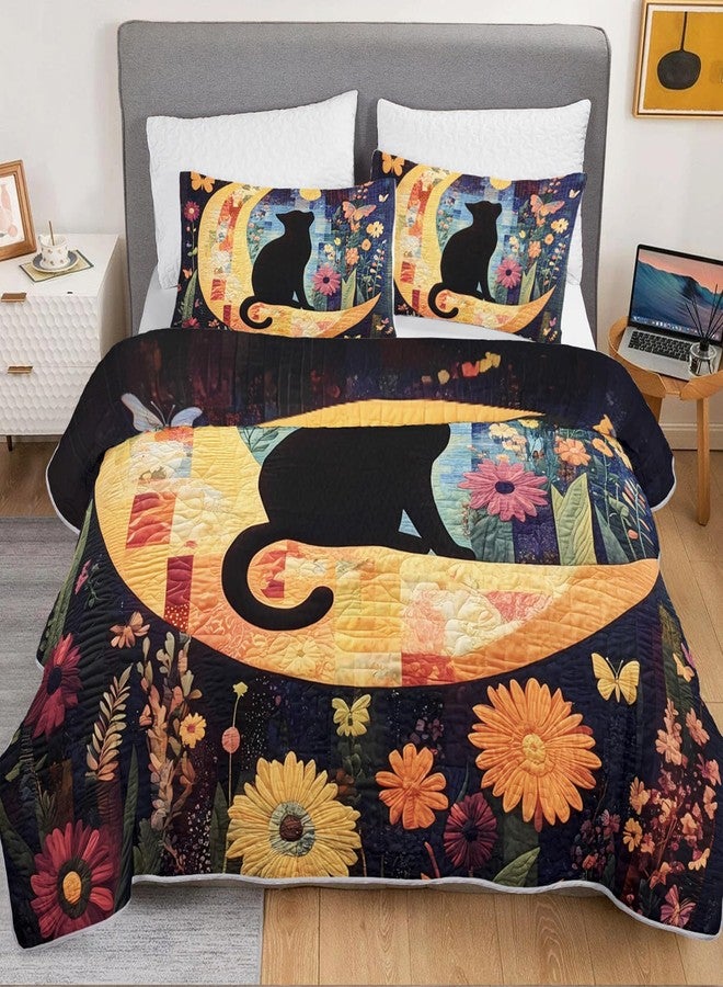 HOSIMA Cute Cat Quilt Set King Size,Cat Sitting on Moon Surrounded by Colorful Butterflies Flowers,Aesthetic Pattern Lightweight Summer Quilt for Kids Girls Room Decor with 2 Pillowcases. - Image 3