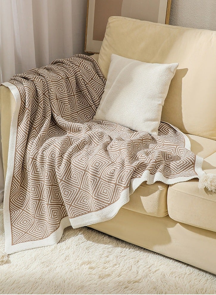 Loquat Bohemian Style Knitted Jacquard Weave Soft Throw Blanket Khaki/White  - Image 1