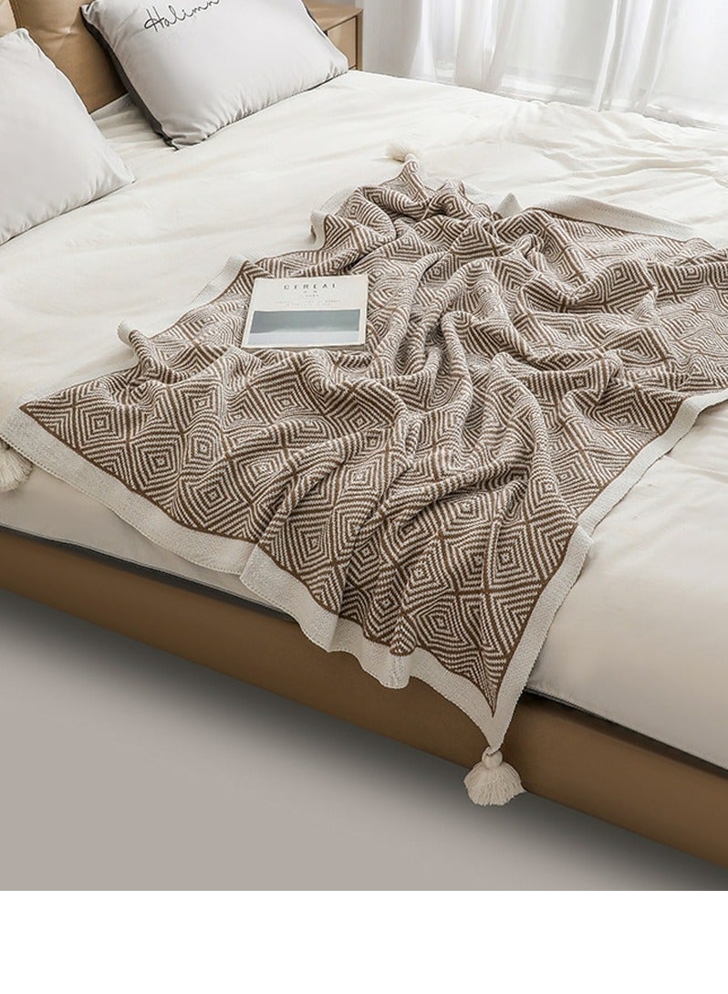 Loquat Bohemian Style Knitted Jacquard Weave Soft Throw Blanket Khaki/White  - Image 2