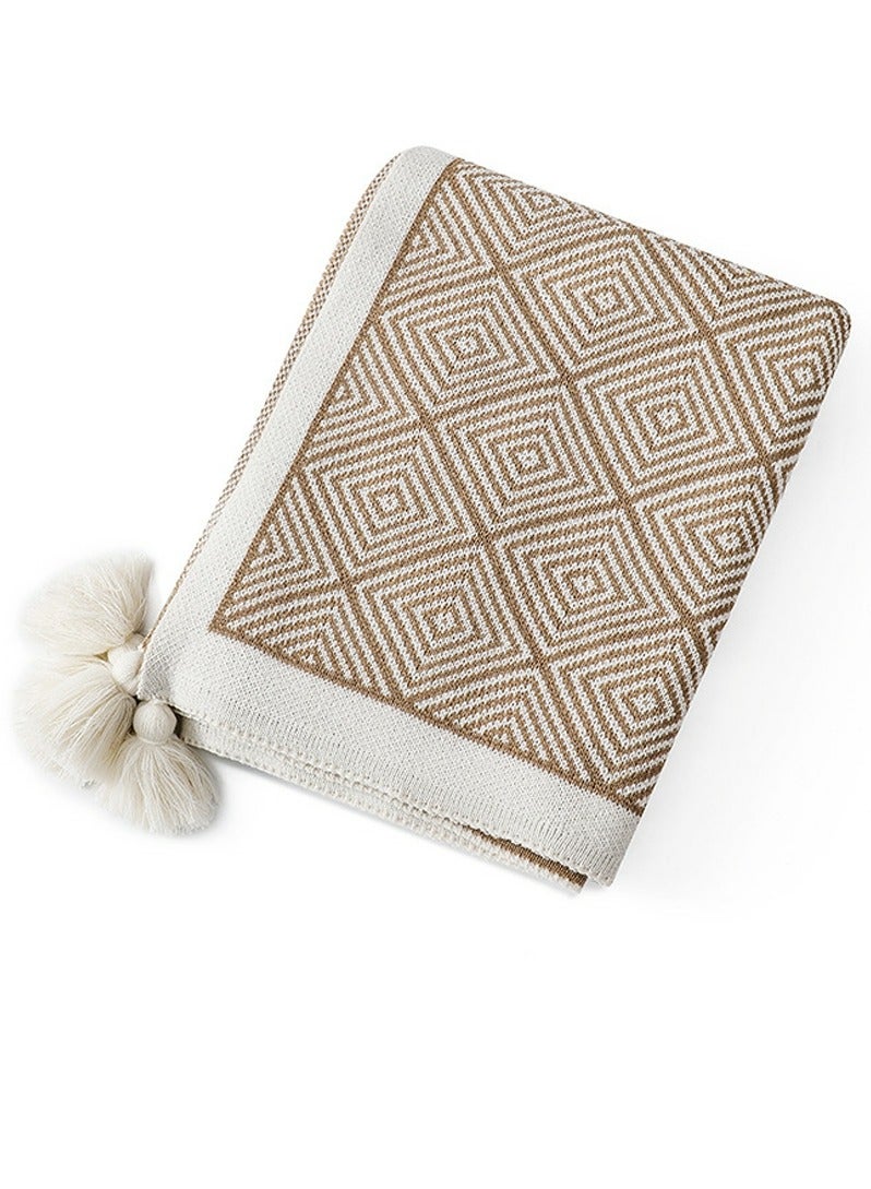 Loquat Bohemian Style Knitted Jacquard Weave Soft Throw Blanket Khaki/White  - Image 4