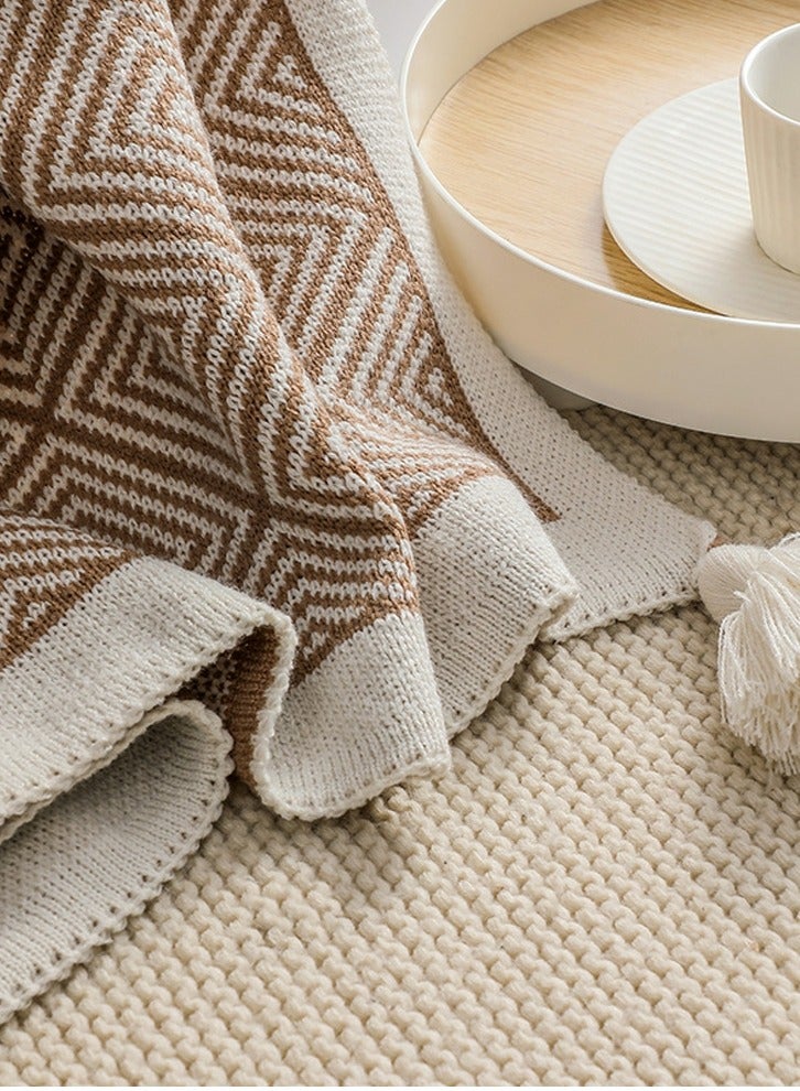 Loquat Bohemian Style Knitted Jacquard Weave Soft Throw Blanket Khaki/White  - Image 3