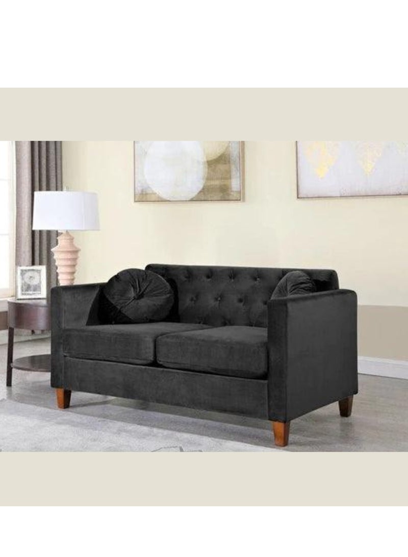 Wooden Twist Velvet Square Arm Loveseat 2-Seater Sofa ( Black ) - Image 1