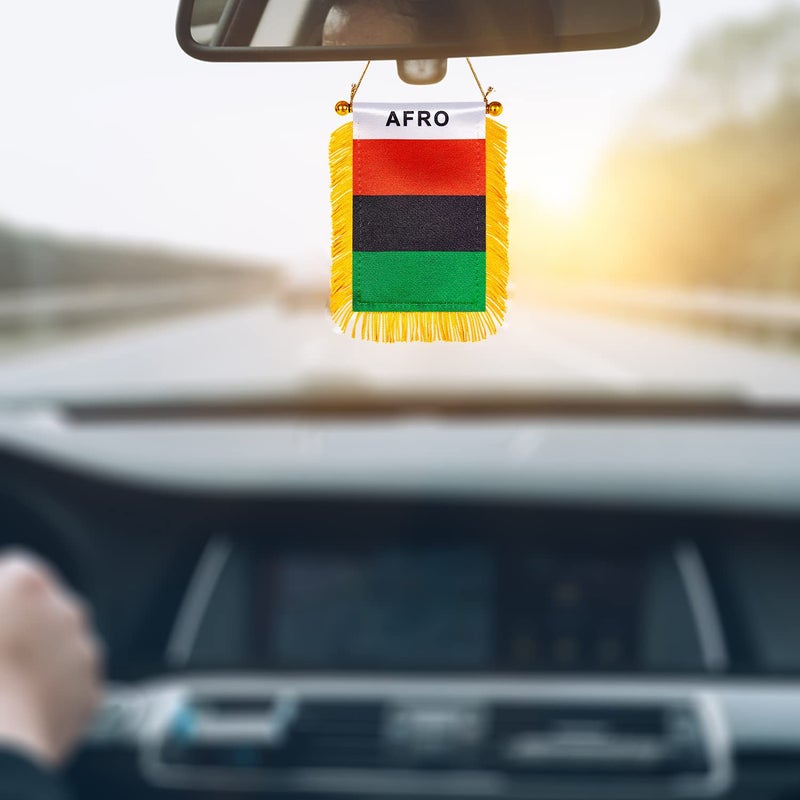 WXTWK 3 X 5 Inch Afro American Flag Pan-African Window Hanging Flag Small Mini Car Flags Banners Rearview Mirror Decoration With Suction Cup Golden Fringy Banner - Image 4