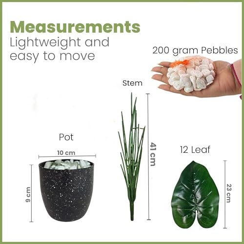 Go Hooked Artificial Indoor Plant with Complimentary Pot and Pebbles | 12 Patterned Leaves, Alocasia Green Plants | Decorative Potted Plant for Home Decor, Living Room & Office Desk (Design 2) - Image 3