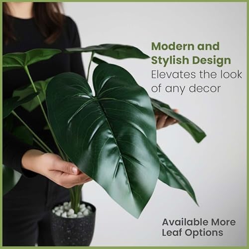 Go Hooked Artificial Indoor Plant with Complimentary Pot and Pebbles | 12 Patterned Leaves, Alocasia Green Plants | Decorative Potted Plant for Home Decor, Living Room & Office Desk (Design 2) - Image 2