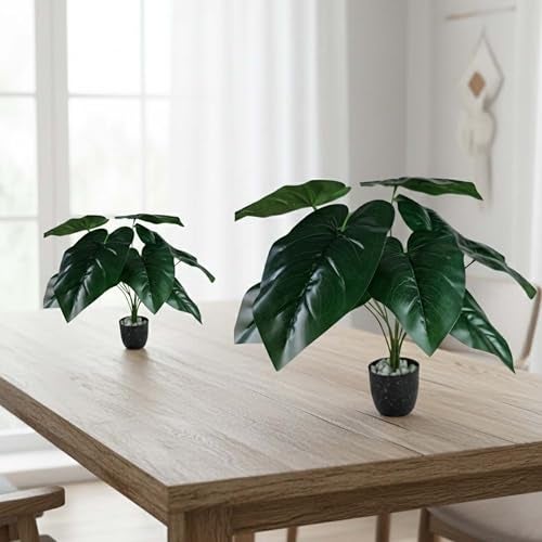 Go Hooked Artificial Indoor Plant with Complimentary Pot and Pebbles | 12 Patterned Leaves, Alocasia Green Plants | Decorative Potted Plant for Home Decor, Living Room & Office Desk (Design 2) - Image 4