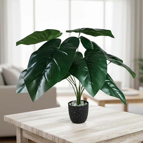 Go Hooked Artificial Indoor Plant with Complimentary Pot and Pebbles | 12 Patterned Leaves, Alocasia Green Plants | Decorative Potted Plant for Home Decor, Living Room & Office Desk (Design 2) - Image 1