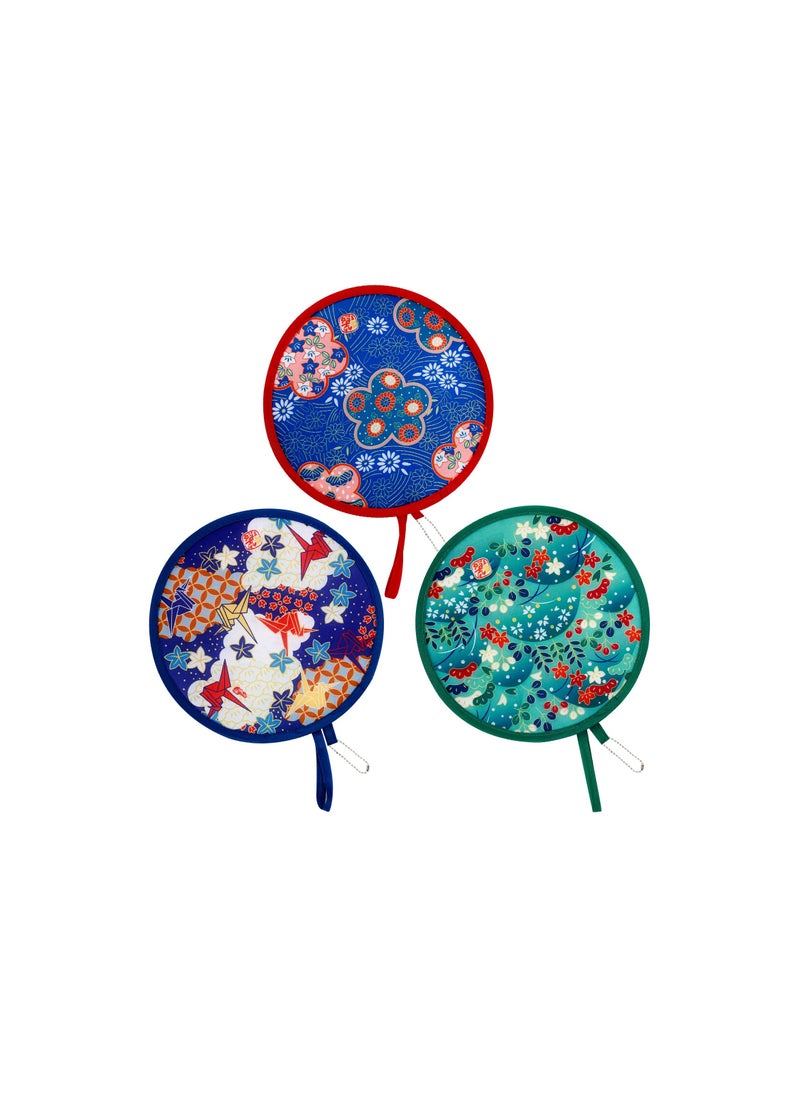 SYOSI Round Japanese Style Folding Fans, Japanese Style Folding Fan Portable Hand Fans for Women Folding, Summer Handheld Folding Fans for Festival Decoration Birthday Wedding Home Decoration(Set of 3)  - Image 1