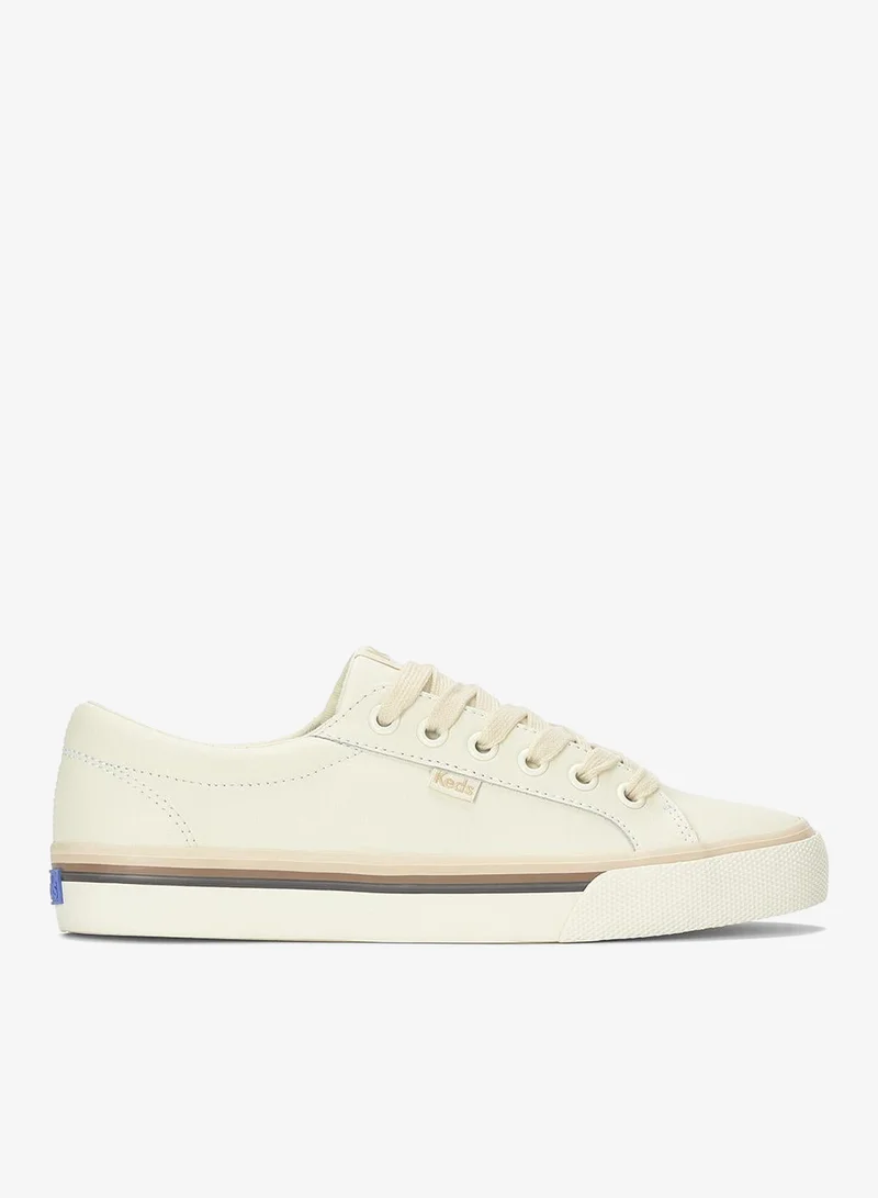 كيدز Keds Women's Jump Kick Leather Lace-Up Sneaker – Foxing Stripe, Low-Top Casual Shoe Beige