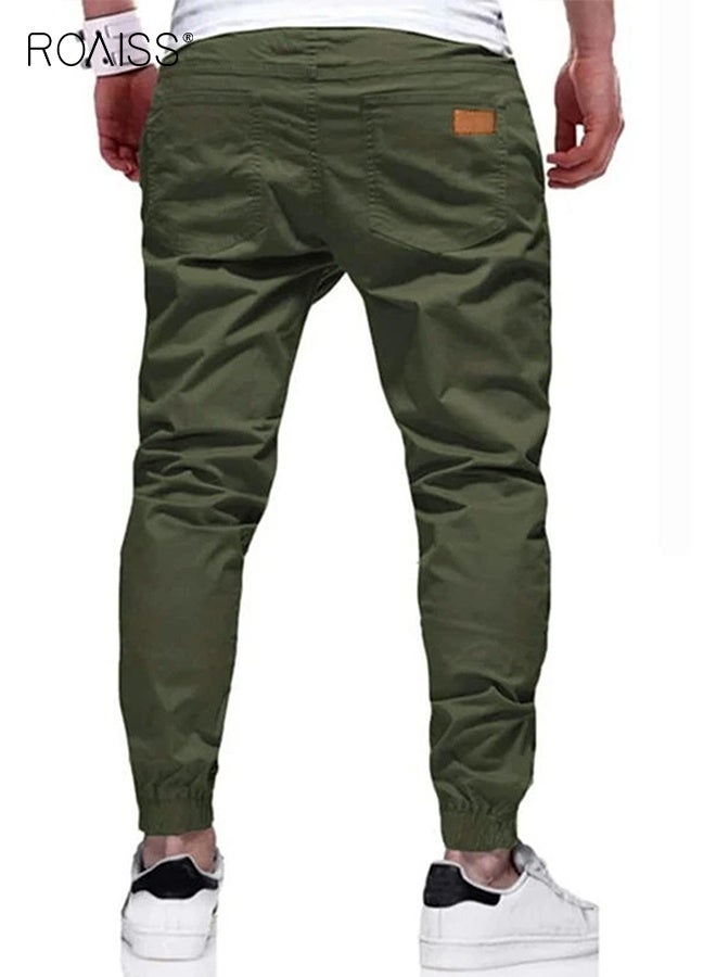 رويس بنطلون رياضي رجالي للجري برباط للمشي لمسافات طويلة في الهواء الطلق، بنطلون رياضي مطاطي بخصر مطاطي، بنطلون رياضي للجري من نسيج قطني مضلع، بنطلون رياضي بطول الكاحل بحزام قابل للتعديل، لون أخضر للرجال - Image 2