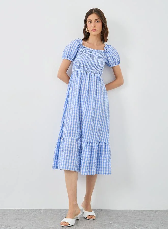 تايك تو Take Two Women Blue Gingham Checked Midi Dress