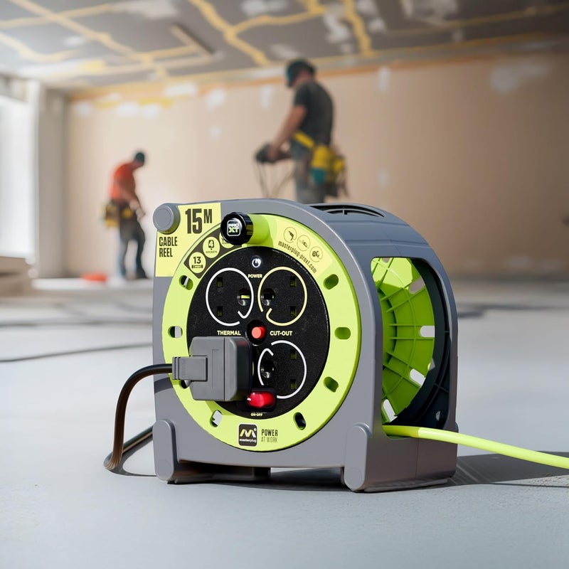 MASTERPLUG Four Socket, 15 Metre Premium Case Reel, Medium Power Cable Extension Reel, Thermal Cut-Out & Power Indicator, Heavy Duty, Pro-XT, Grey/Green, 13A, 4G, 15m, HMU15134SL - Image 5