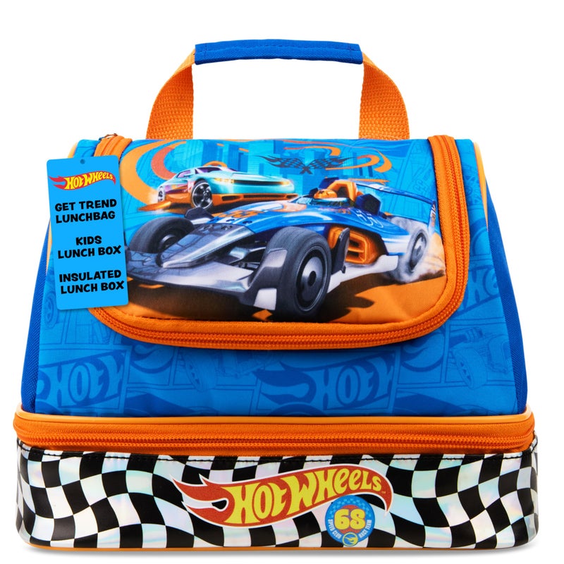 Get Trend Hot Wheels Insulated Lunch Box with Two Compartments for Kids Teens Work Travel Picnic Beach Cooler Sack (Blue Hot Wheels) - Image 1