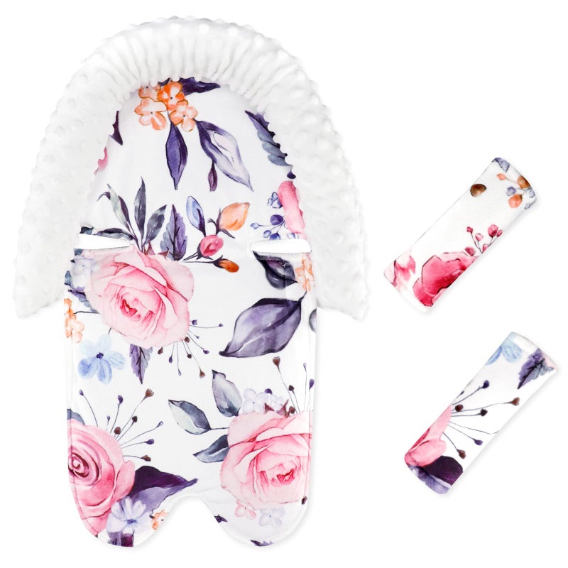 Pea Pod Baby Car Seat Head Support and Body Support with 2 Strap Covers, Ultra Soft Warm Minky Dot Fabric Backing, Baby Essential for Newborn, Stylish Floral Printed - Image 1