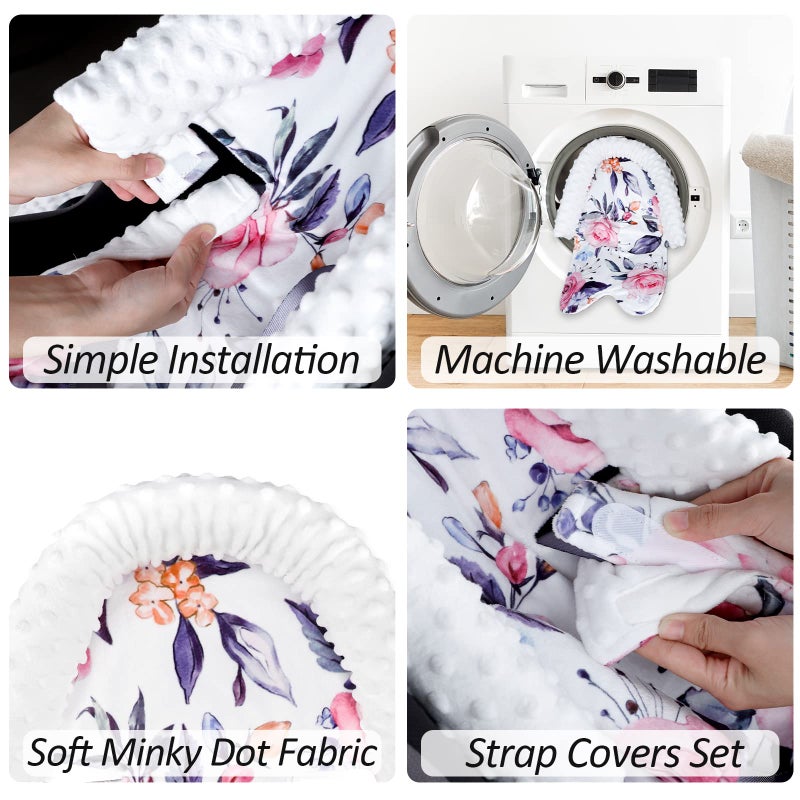 Pea Pod Baby Car Seat Head Support and Body Support with 2 Strap Covers, Ultra Soft Warm Minky Dot Fabric Backing, Baby Essential for Newborn, Stylish Floral Printed - Image 3