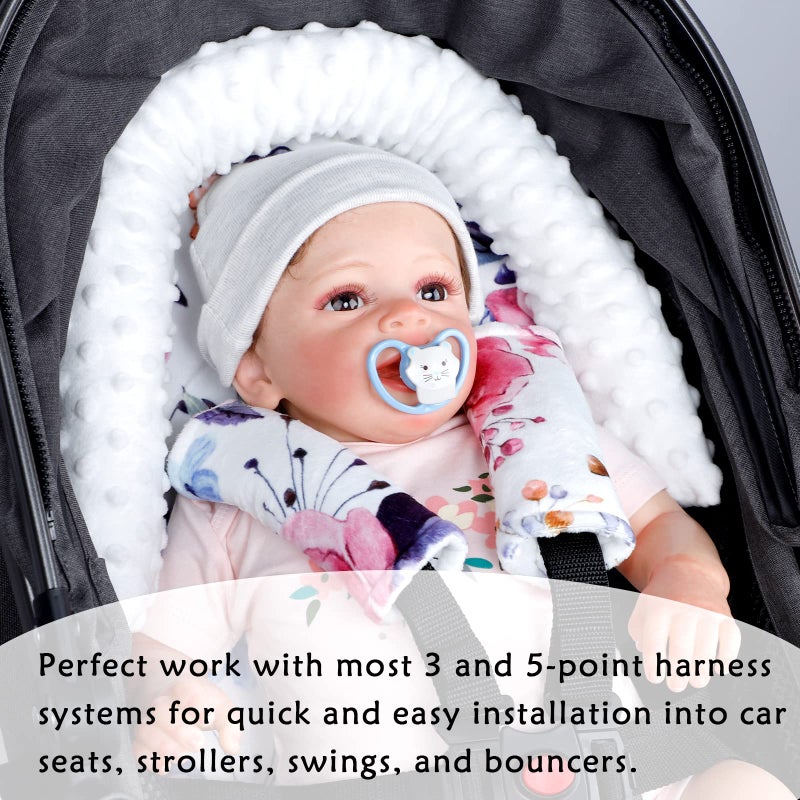 Pea Pod Baby Car Seat Head Support and Body Support with 2 Strap Covers, Ultra Soft Warm Minky Dot Fabric Backing, Baby Essential for Newborn, Stylish Floral Printed - Image 4