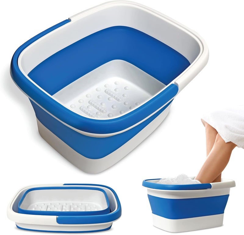 Mantello Collapsible Foot Bath Foot Soaking Tub | Portable Foot Spa Pedicure Bowl | Large Basin to Soak & Wash Feet | Folding Bucket with Carry Handle | White & Grey, Blue, Green [Blue] - Image 1