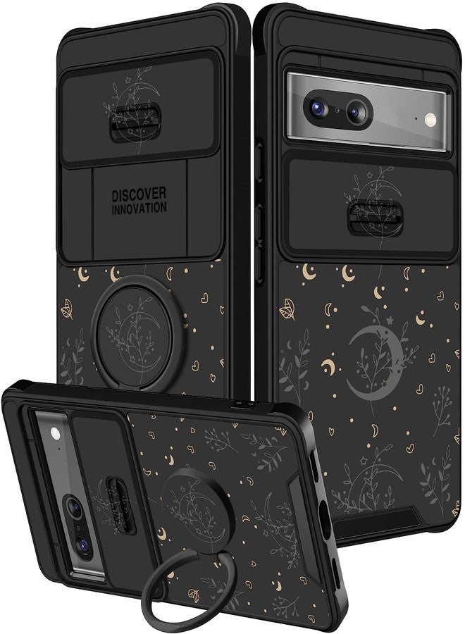 غطاء هاتف Funermei (2 في 1) لهاتف Google Pixel 7، بتصميم قمر ونجمة لطيف، باللون الأسود، مع غطاء للكاميرا وحامل حلقي. - Image 1